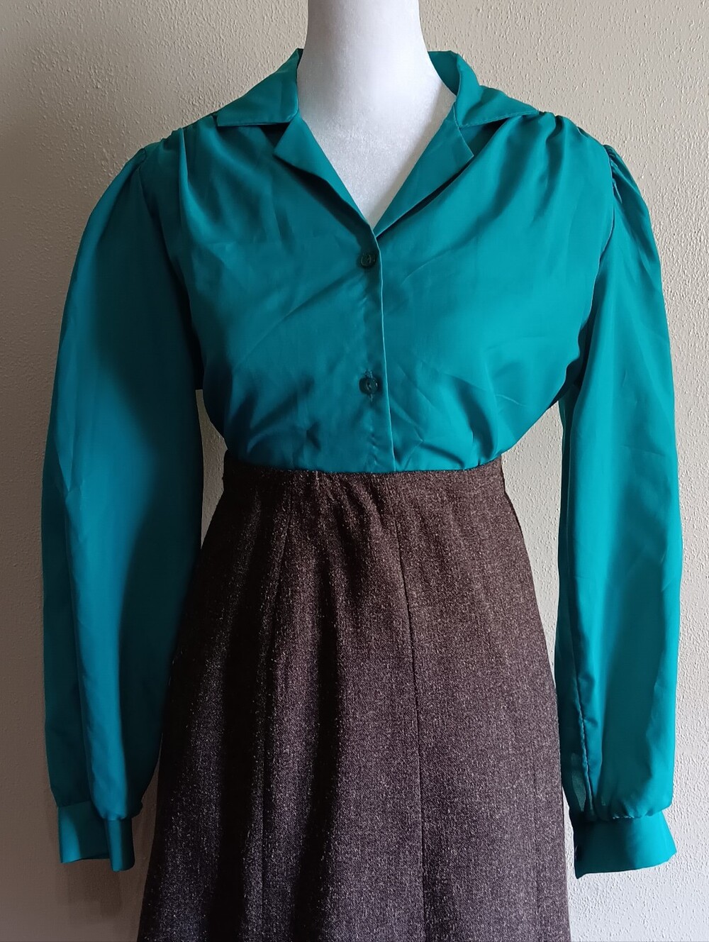 Vintage Academia Teal Button Front Blouse Size Small, Cottagecore Mod Shirt